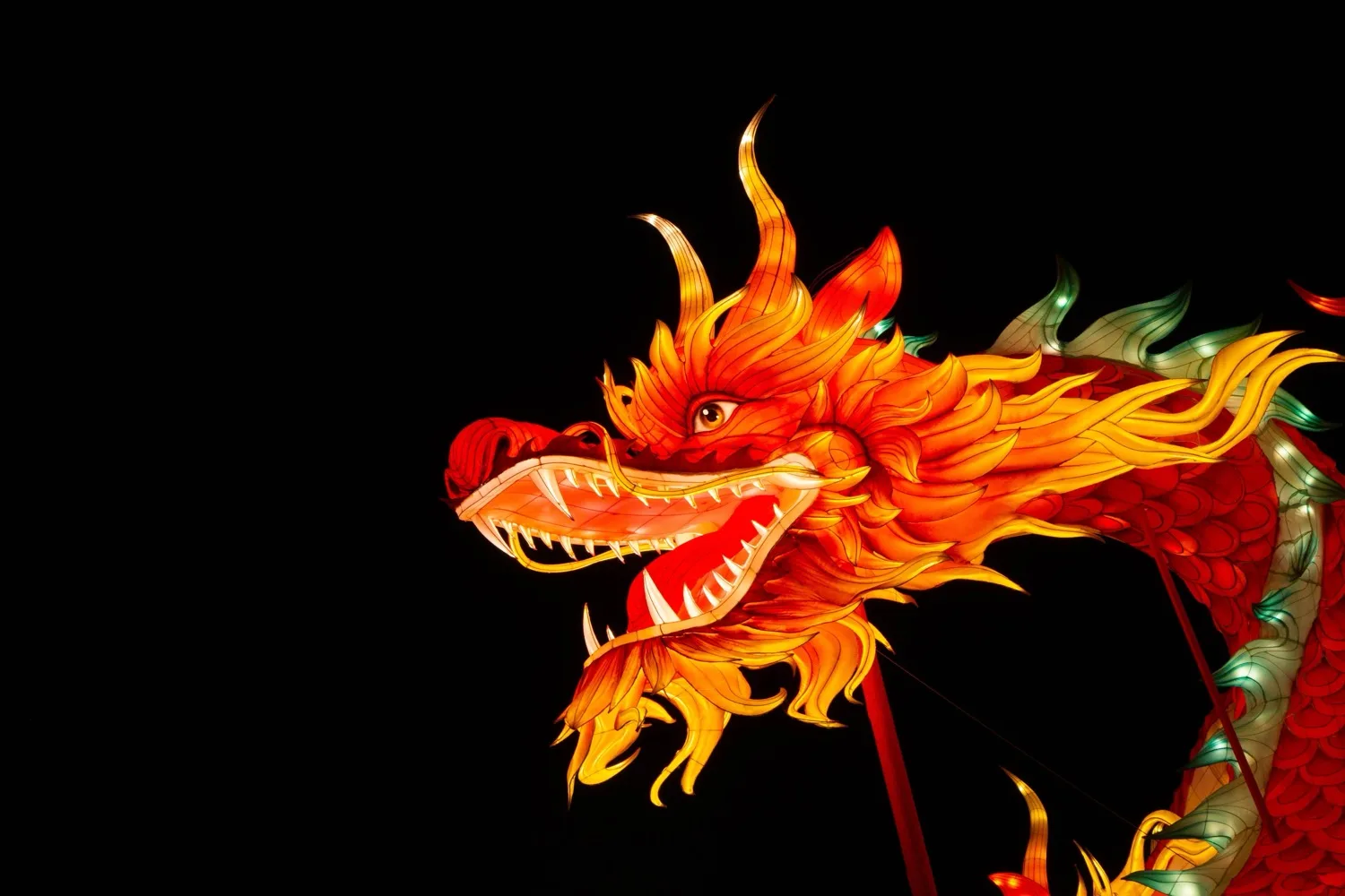 A large illuminated dragon lantern glowing orange and gold against a black night sky